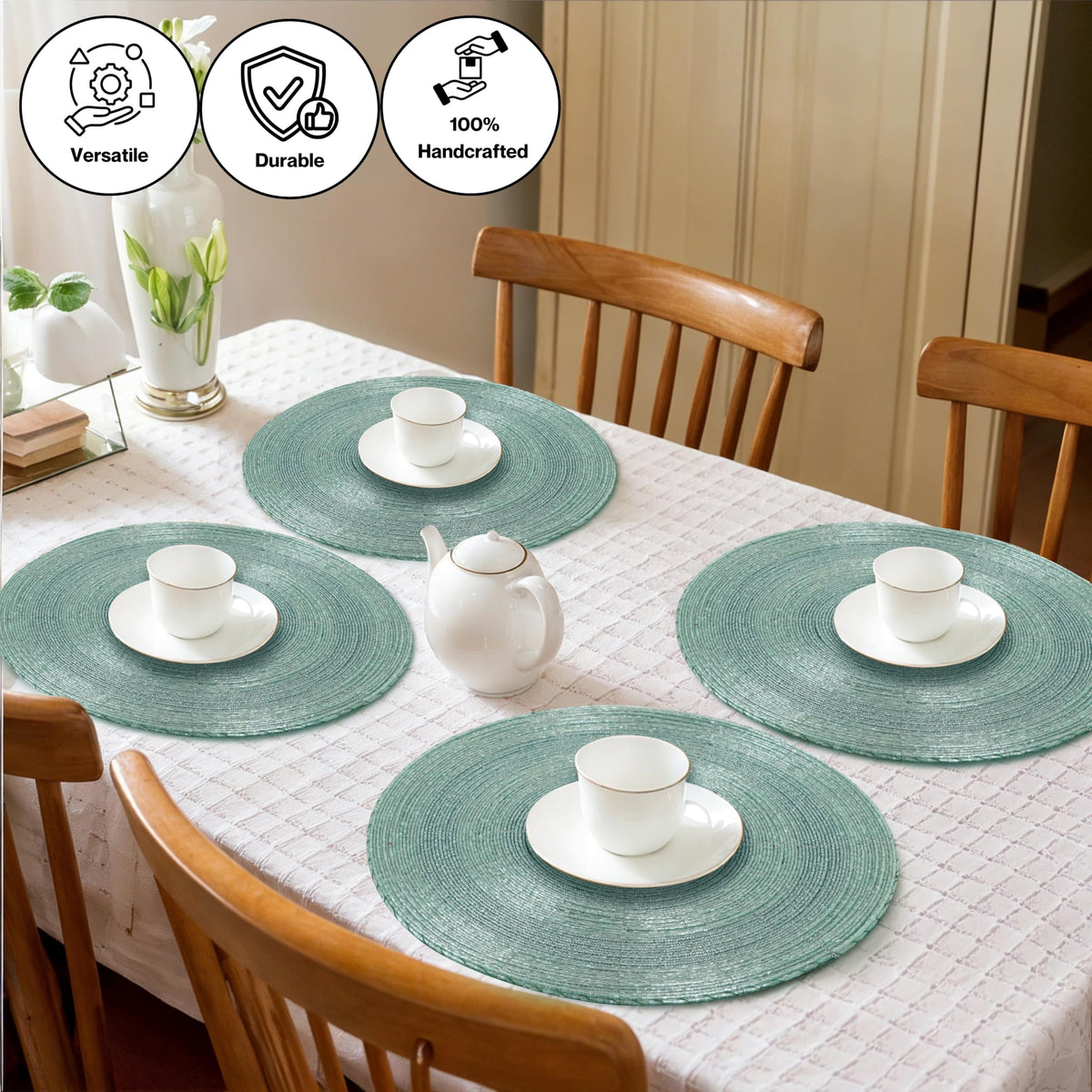 ALPHA LIVING HOME 13-Inch Round Beaded Placemats, Aqua, Set of 4