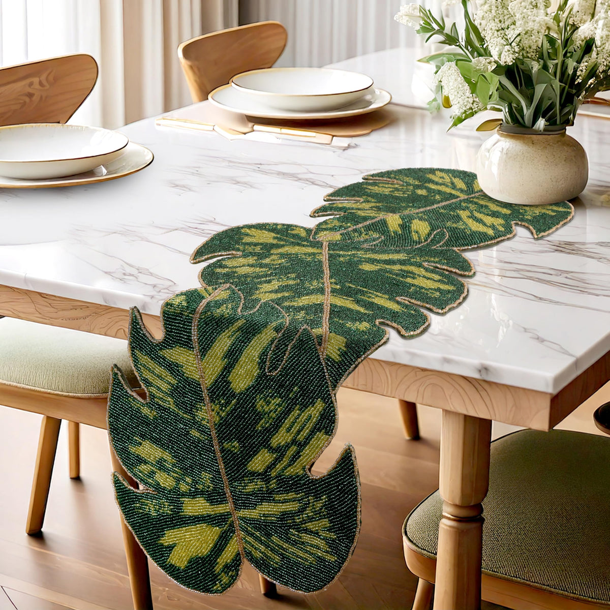 Monstera Leaf Beaded Table Runner 13 x 36 Inch, Handmade Glass Bead Runner for Dining Table, Coffee Table & Console Table, Tropical Farmhouse Centerpiece Decor for Holidays, Weddings & Everyday Use