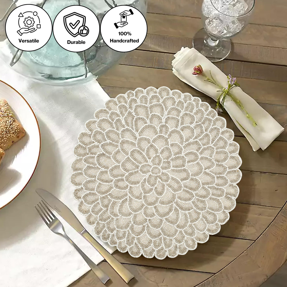 ALPHA Living HOME Handmade Beaded Placemat – Ivory White, 13 Inch, Set of 1