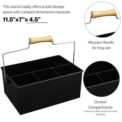 Alpha Living Home Heavy Duty Metal Alloy Utensil Silverware Caddy - 4 Compartment Flatware Organizer with Handle - Farmhouse Rustic Kitchen Storage for Countertop, Tabletop, Picnics & Parties (Black)