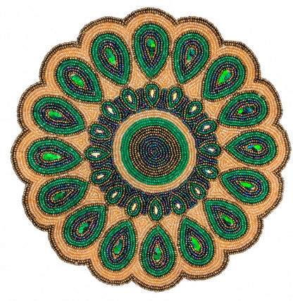 ALPHA Living HOME 13 Inch Round Beaded Placemat, Green Gold Table Decor Mat Set of 1