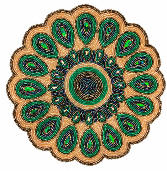 ALPHA Living HOME 13 Inch Round Beaded Placemat, Green Gold Table Decor Mat Set of 1