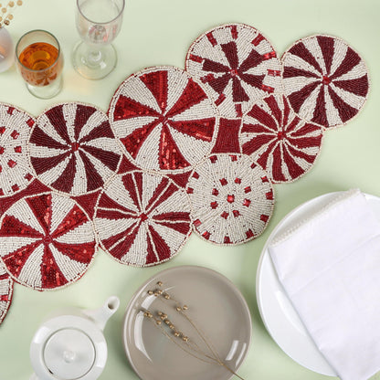 Beaded Table Runner – Handmade Floral Glass Bead Decorative Table Runner for Dining, Coffee & Accent Table- Red and White