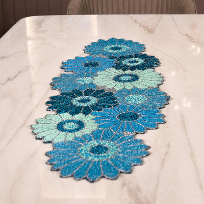 ALPHA Living HOME Blue Beaded Runner 13x36 Inch Glass Beads Table Decor