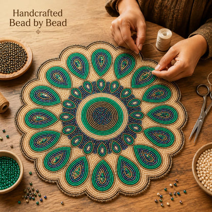 ALPHA Living HOME 13 Inch Round Beaded Placemat, Green Gold Table Decor Mat Set of 1