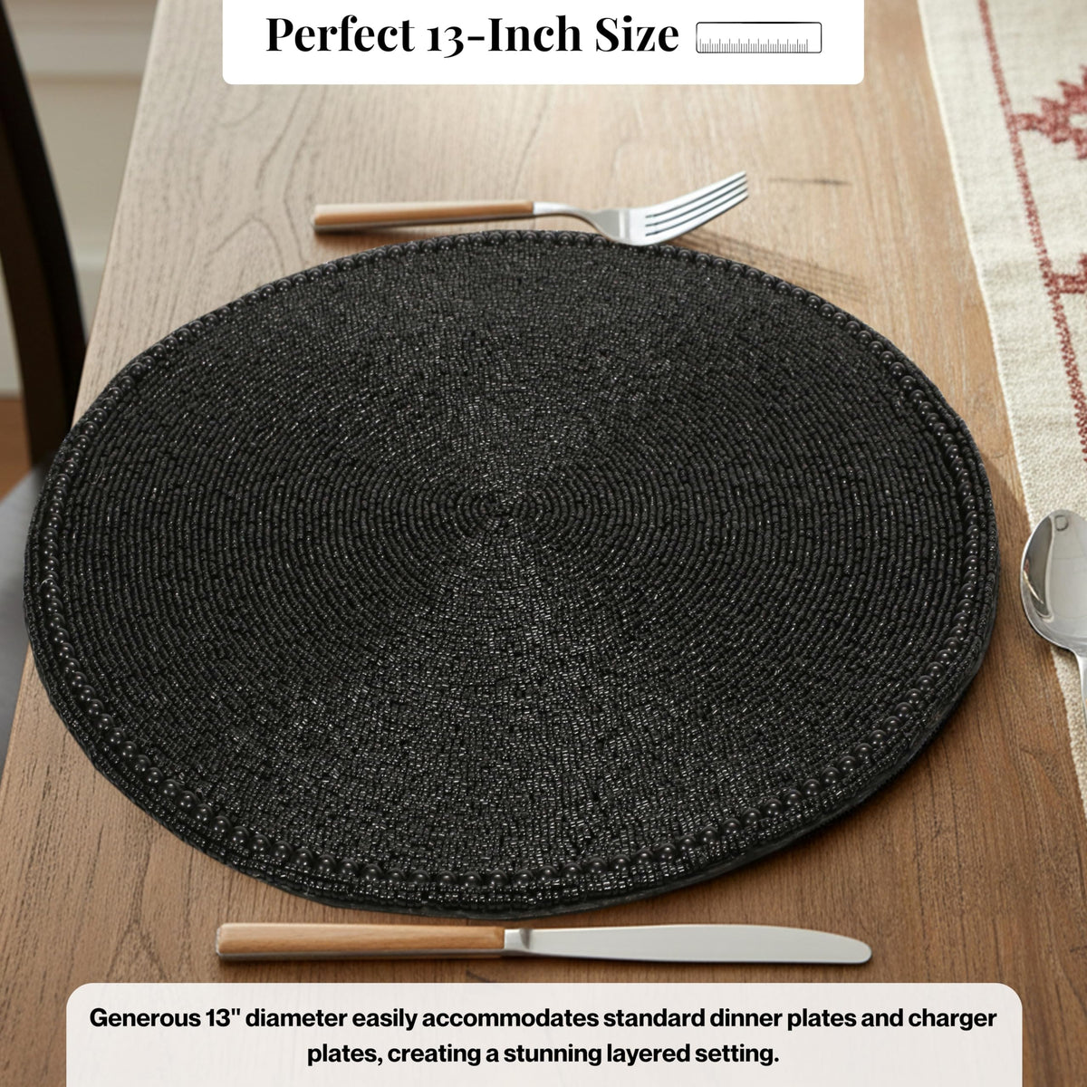 ALPHA Living HOME Round Beaded Placemat – Handmade Glass Bead Charger Table Mat, Set of 1 (Black)