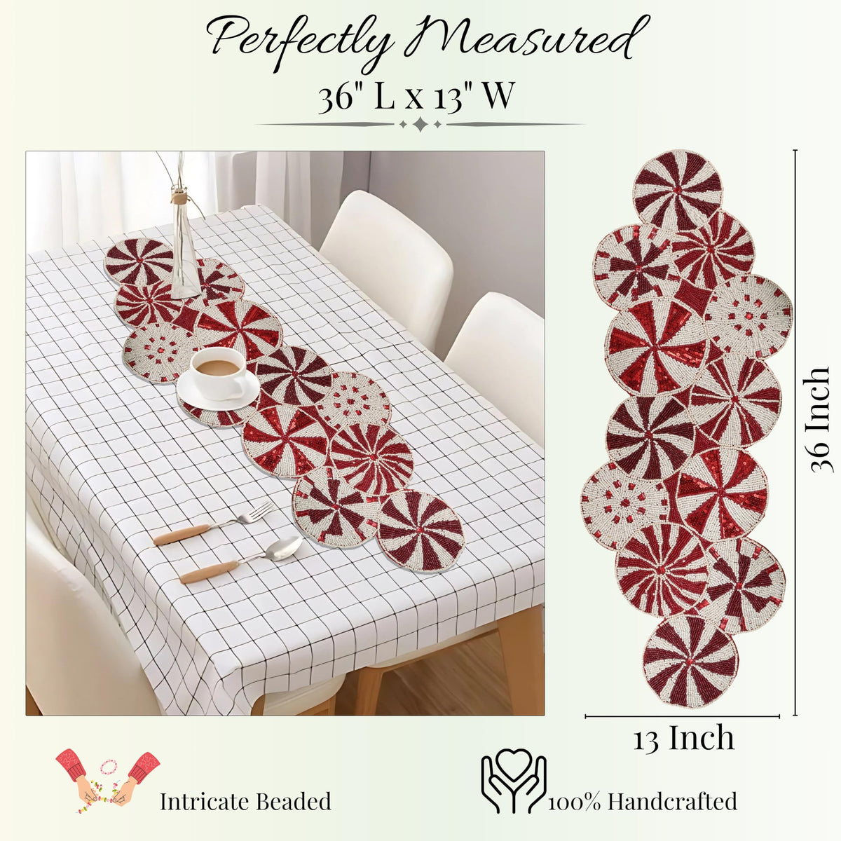 Beaded Table Runner – Handmade Floral Glass Bead Decorative Table Runner for Dining, Coffee & Accent Table- Red and White