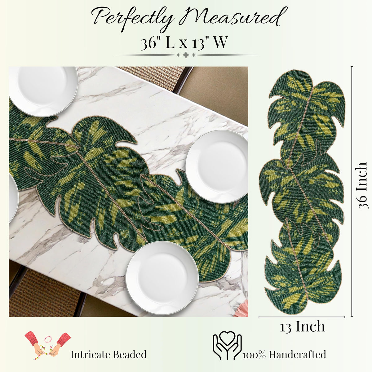 Monstera Leaf Beaded Table Runner 13 x 36 Inch, Handmade Glass Bead Runner for Dining Table, Coffee Table & Console Table, Tropical Farmhouse Centerpiece Decor for Holidays, Weddings & Everyday Use