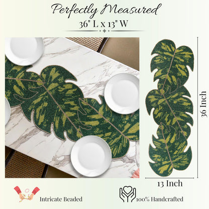 Monstera Leaf Beaded Table Runner 13 x 36 Inch, Handmade Glass Bead Runner for Dining Table, Coffee Table & Console Table, Tropical Farmhouse Centerpiece Decor for Holidays, Weddings & Everyday Use
