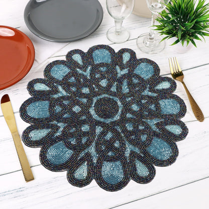 Round Handmade Beaded Placemat, Blue Black, Set of 1