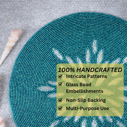 ALPHA Living HOME Beaded Table Mat – Handmade Glass Bead Round Charger Placemat, Set of 1 (Silver Teal)