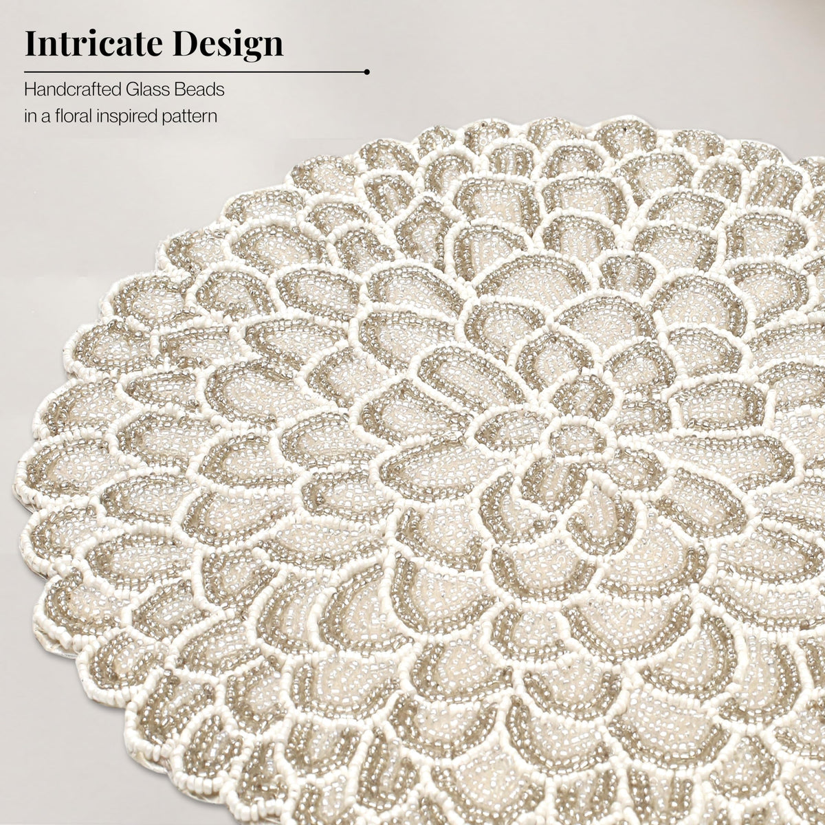 ALPHA Living HOME Handmade Beaded Placemat – Ivory White, 13 Inch, Set of 1