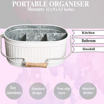 Alpha Living Home Rustic Heavy Duty Alloy Multi-Compartment Silverware Caddy - Metal Utensil Versatile All-in-One Organizer for Kitchen, Bathroom & Office Utensils, Flatware, and Accessories (White)