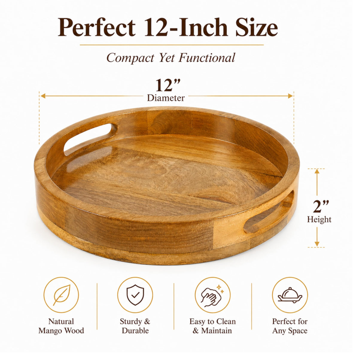 Round Wooden Tray - 12" Decorative Wood Serving Tray - Perfect for Breakfast, Lunch, Dinner, Appetizers, Patio, Ottoman, Coffee Table - Durable Living Room Couch Tray (Natural) - ALPHA Living HOME