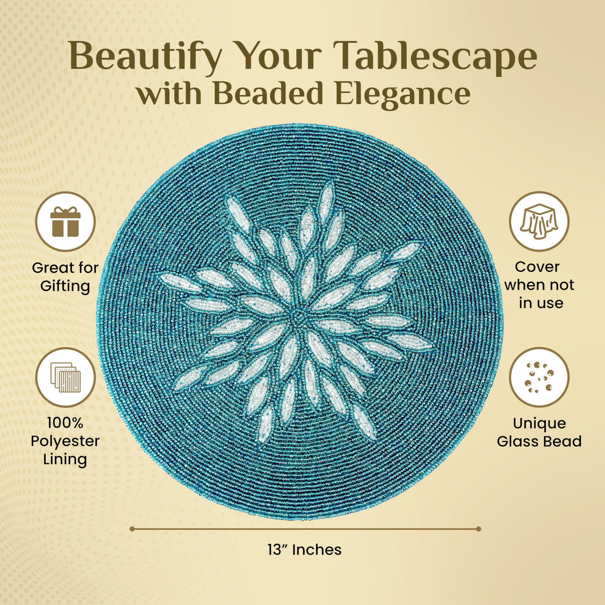 ALPHA Living HOME Beaded Table Mat – Handmade Glass Bead Round Charger Placemat, Set of 1 (Silver Teal)
