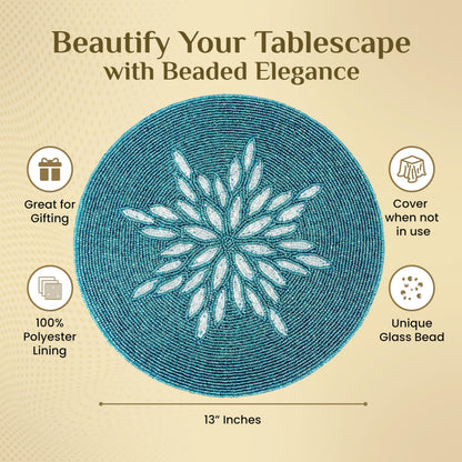 ALPHA Living HOME Beaded Table Mat – Handmade Glass Bead Round Charger Placemat, Set of 1 (Silver Teal)