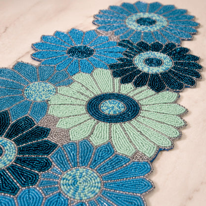 ALPHA Living HOME Blue Beaded Runner 13x36 Inch Glass Beads Table Decor