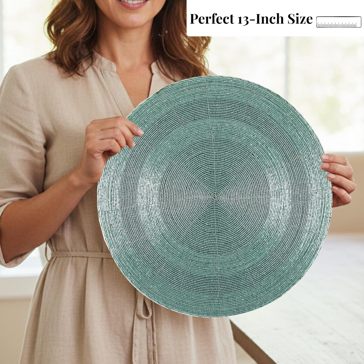 ALPHA LIVING HOME 13-Inch Round Beaded Placemats, Aqua, Set of 4