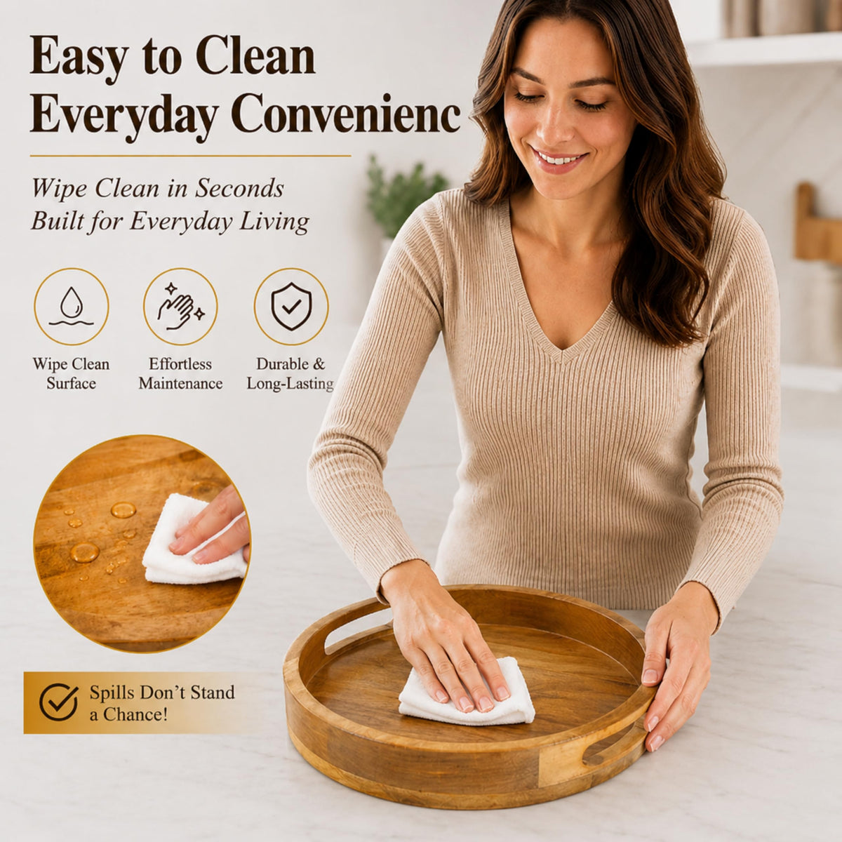 Round Wooden Tray - 12" Decorative Wood Serving Tray - Perfect for Breakfast, Lunch, Dinner, Appetizers, Patio, Ottoman, Coffee Table - Durable Living Room Couch Tray (Natural) - ALPHA Living HOME