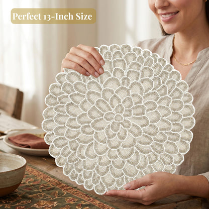 ALPHA Living HOME Handmade Beaded Placemat – Ivory White, 13 Inch, Set of 1