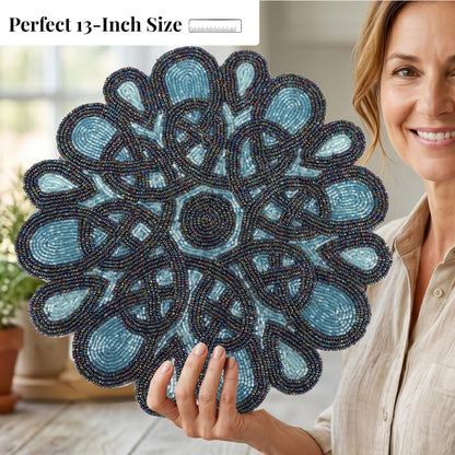 Round Handmade Beaded Placemat, Blue Black, Set of 1