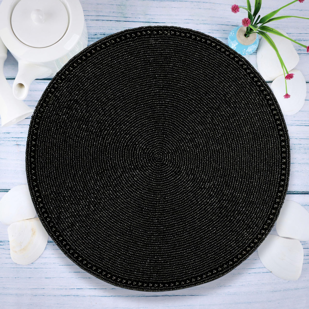 ALPHA Living HOME Round Beaded Placemat – Handmade Glass Bead Charger Table Mat, Set of 1 (Black)