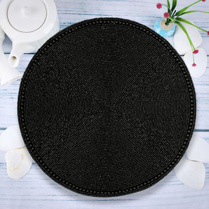 ALPHA Living HOME Round Beaded Placemat – Handmade Glass Bead Charger Table Mat, Set of 1 (Black)