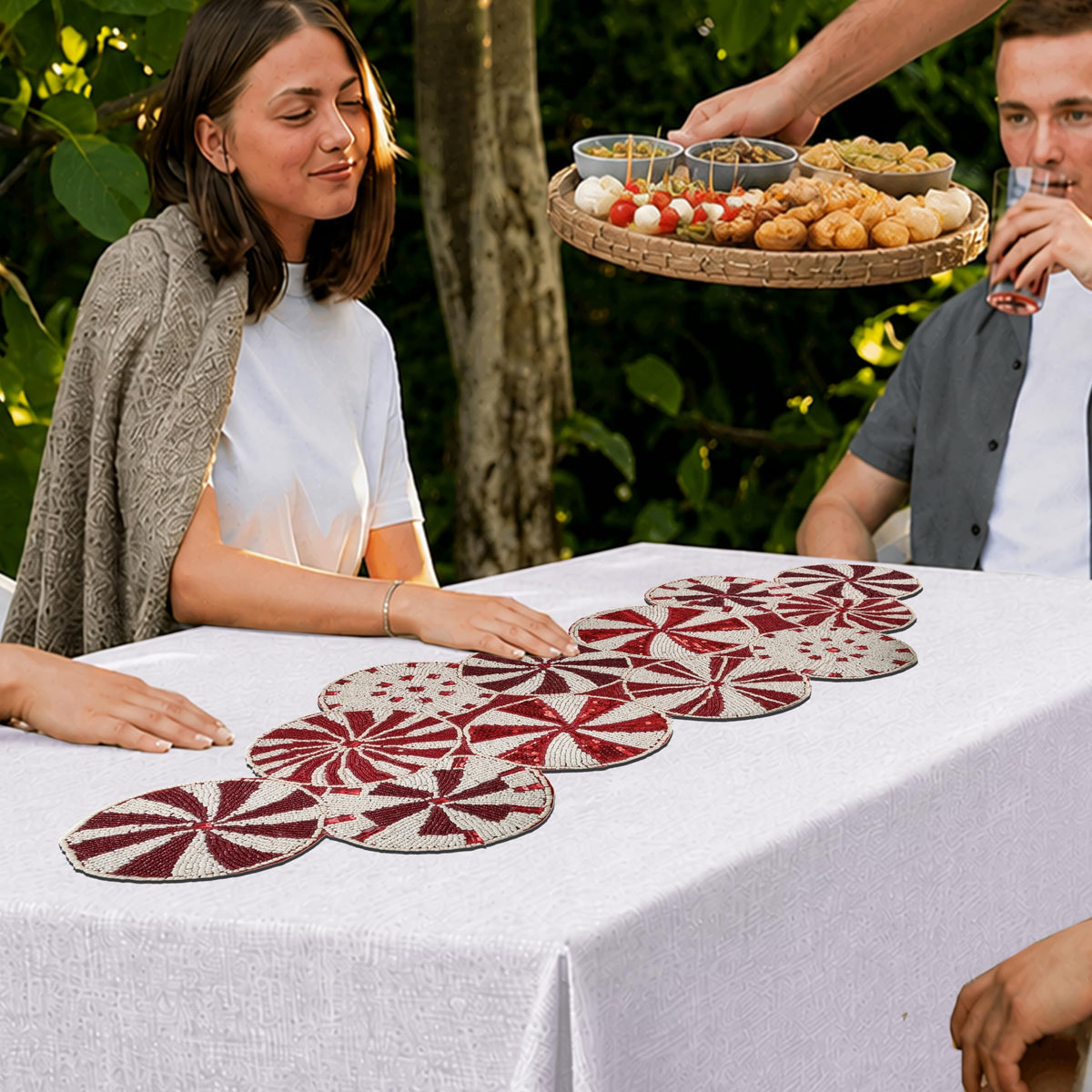 Beaded Table Runner – Handmade Floral Glass Bead Decorative Table Runner for Dining, Coffee & Accent Table- Red and White