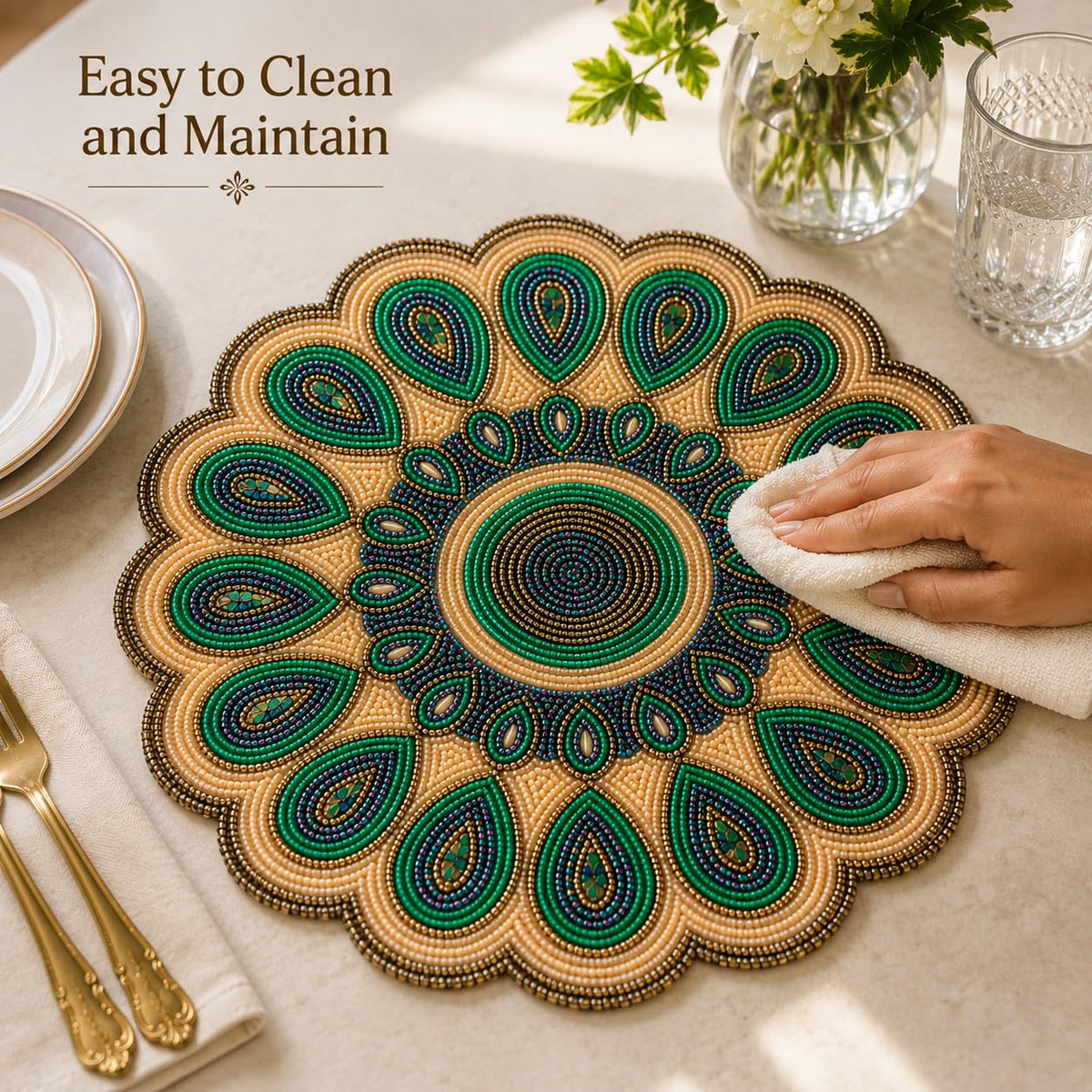 ALPHA Living HOME 13 Inch Round Beaded Placemat, Green Gold Table Decor Mat Set of 1
