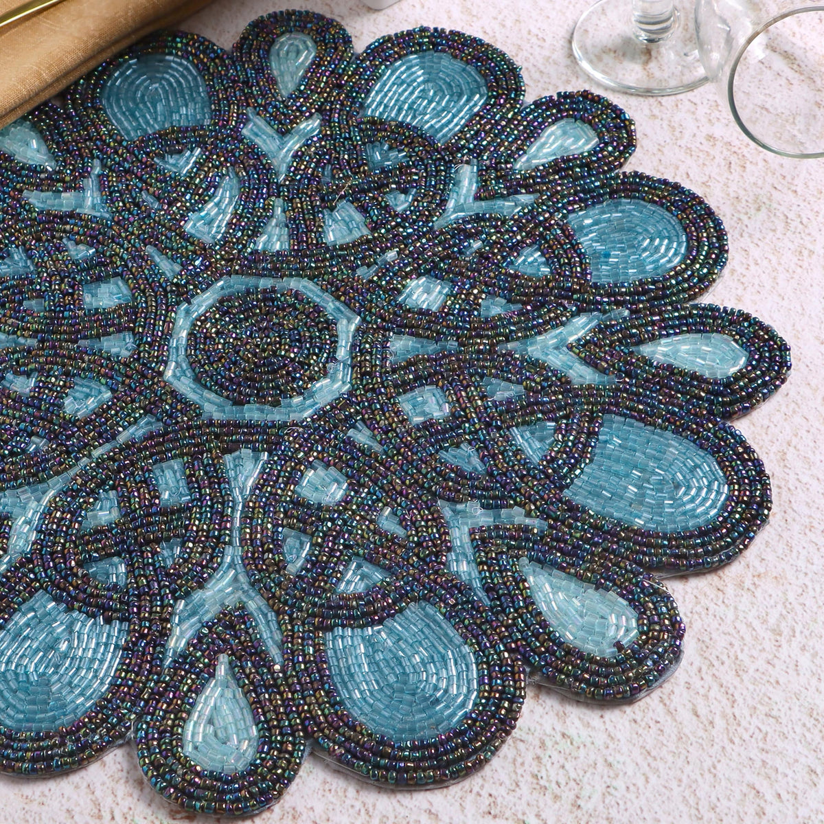 Round Handmade Beaded Placemat, Blue Black, Set of 1