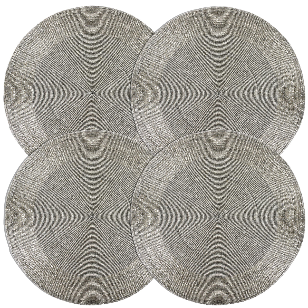 ALPHA Living HOME Round Beaded Placemats – 13 Inch Decorative Glass Bead Table Mats, Set of 4 (Silver)