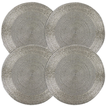 ALPHA Living HOME Round Beaded Placemats – 13 Inch Decorative Glass Bead Table Mats, Set of 4 (Silver)