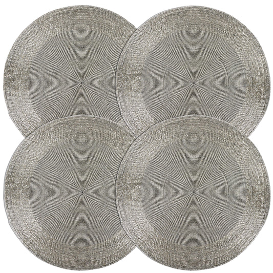 ALPHA Living HOME Round Beaded Placemats – 13 Inch Decorative Glass Bead Table Mats, Set of 4 (Silver)