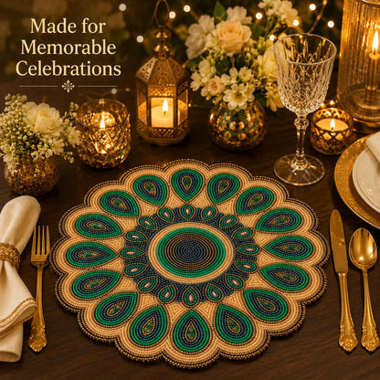 ALPHA Living HOME 13 Inch Round Beaded Placemat, Green Gold Table Decor Mat Set of 1