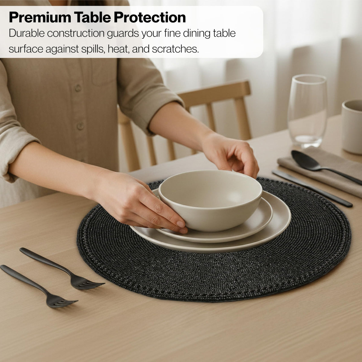 ALPHA Living HOME Round Beaded Placemat – Handmade Glass Bead Charger Table Mat, Set of 1 (Black)