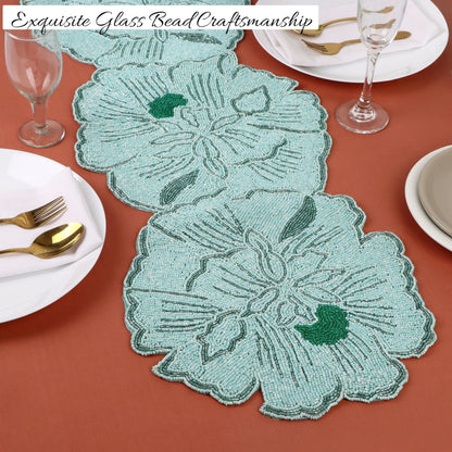 Beaded Table Runner 13x36 Inch, Handmade Decorative Dining Table Centerpiece with Premium Glass Beads & Polyester Back, Elegant Runner for Coffee, Console & Dresser Tables, Light Green