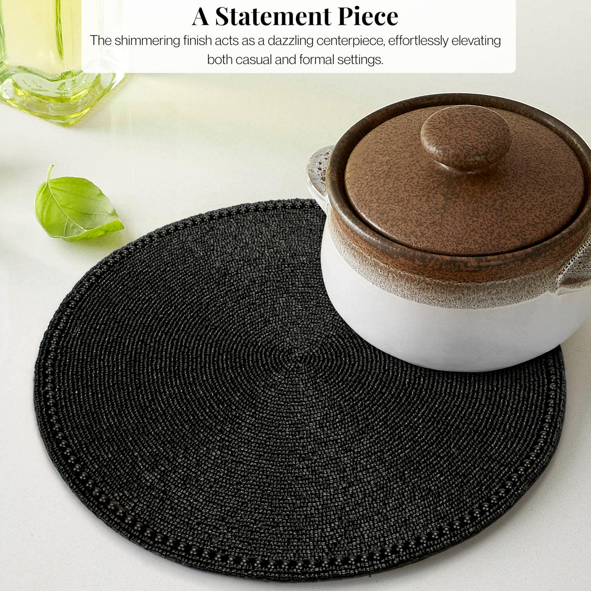 ALPHA Living HOME Round Beaded Placemat – Handmade Glass Bead Charger Table Mat, Set of 1 (Black)