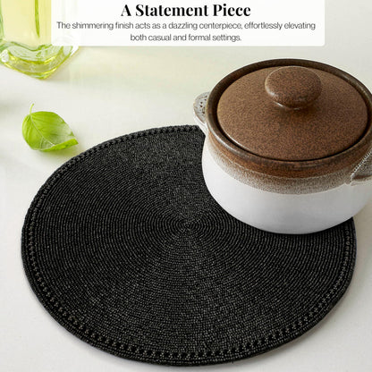 ALPHA Living HOME Round Beaded Placemat – Handmade Glass Bead Charger Table Mat, Set of 1 (Black)