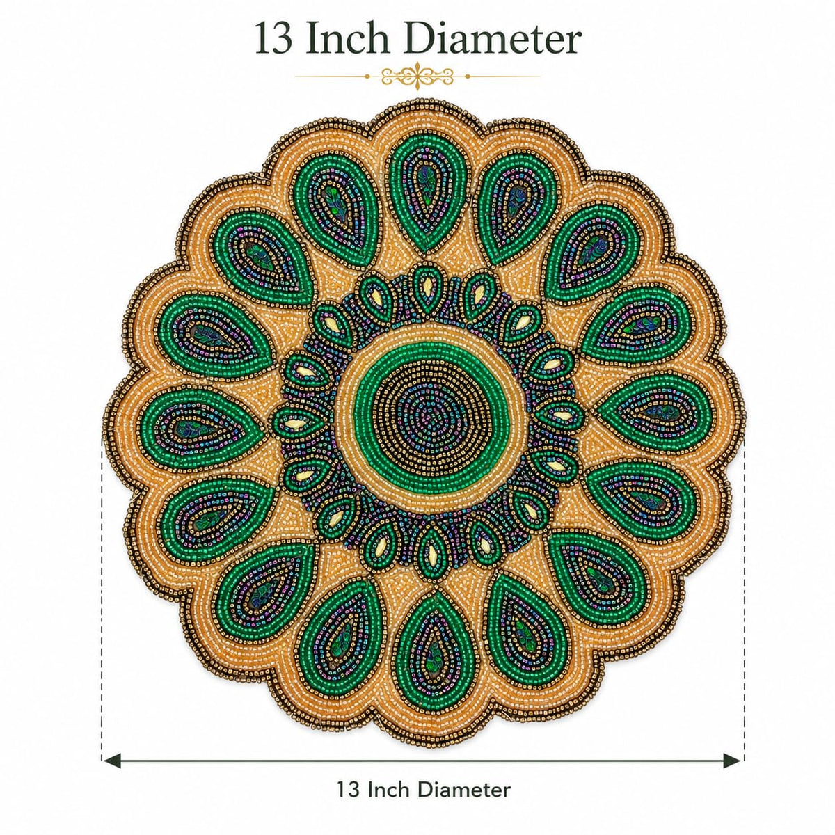 ALPHA Living HOME 13 Inch Round Beaded Placemat, Green Gold Table Decor Mat Set of 1