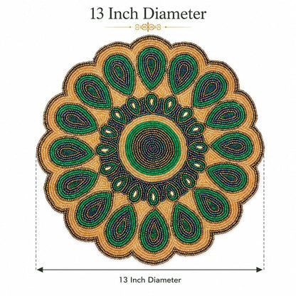 ALPHA Living HOME 13 Inch Round Beaded Placemat, Green Gold Table Decor Mat Set of 1