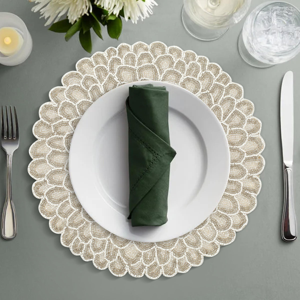 ALPHA Living HOME Handmade Beaded Placemat – Ivory White, 13 Inch, Set of 1
