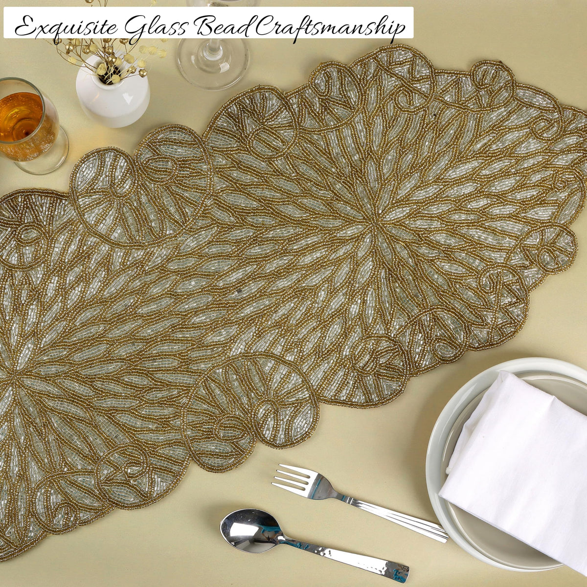 Hand Beaded Table Runner 13 x 36 Inch, Decorative Glass Bead Table Runner with Polyester Back, Elegant Dining Table Centerpiece for Coffee, Console & Buffet Tables, Wedding, Holiday & Home Décor