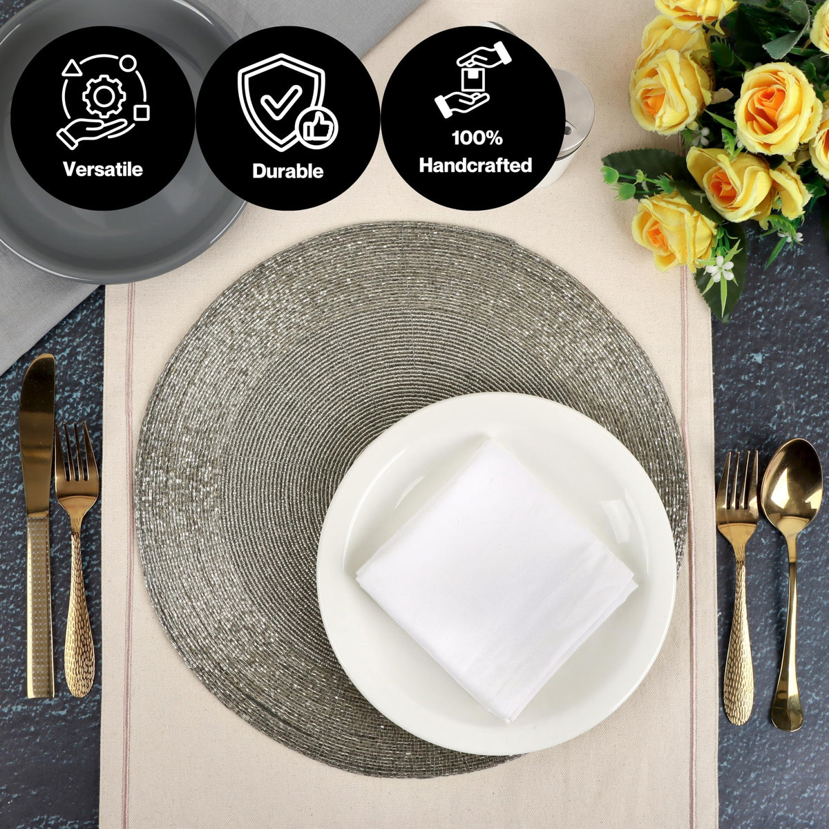 ALPHA Living HOME Round Beaded Placemats – 13 Inch Decorative Glass Bead Table Mats, Set of 4 (Silver)