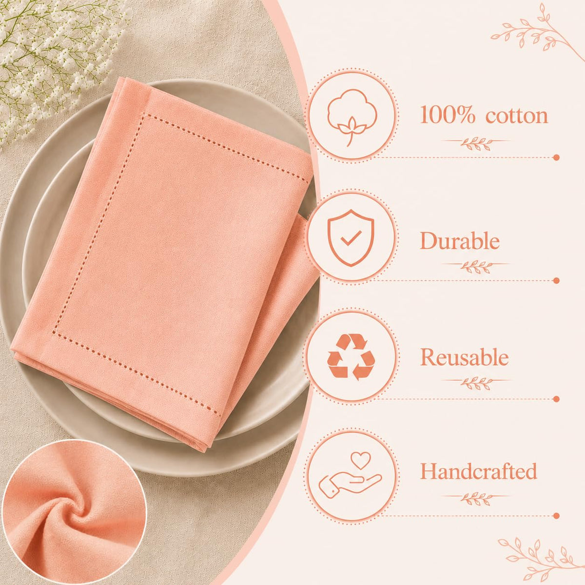 Alpha Living Home Peach Cotton Cloth Napkins, 18x18 in., 12-Pack