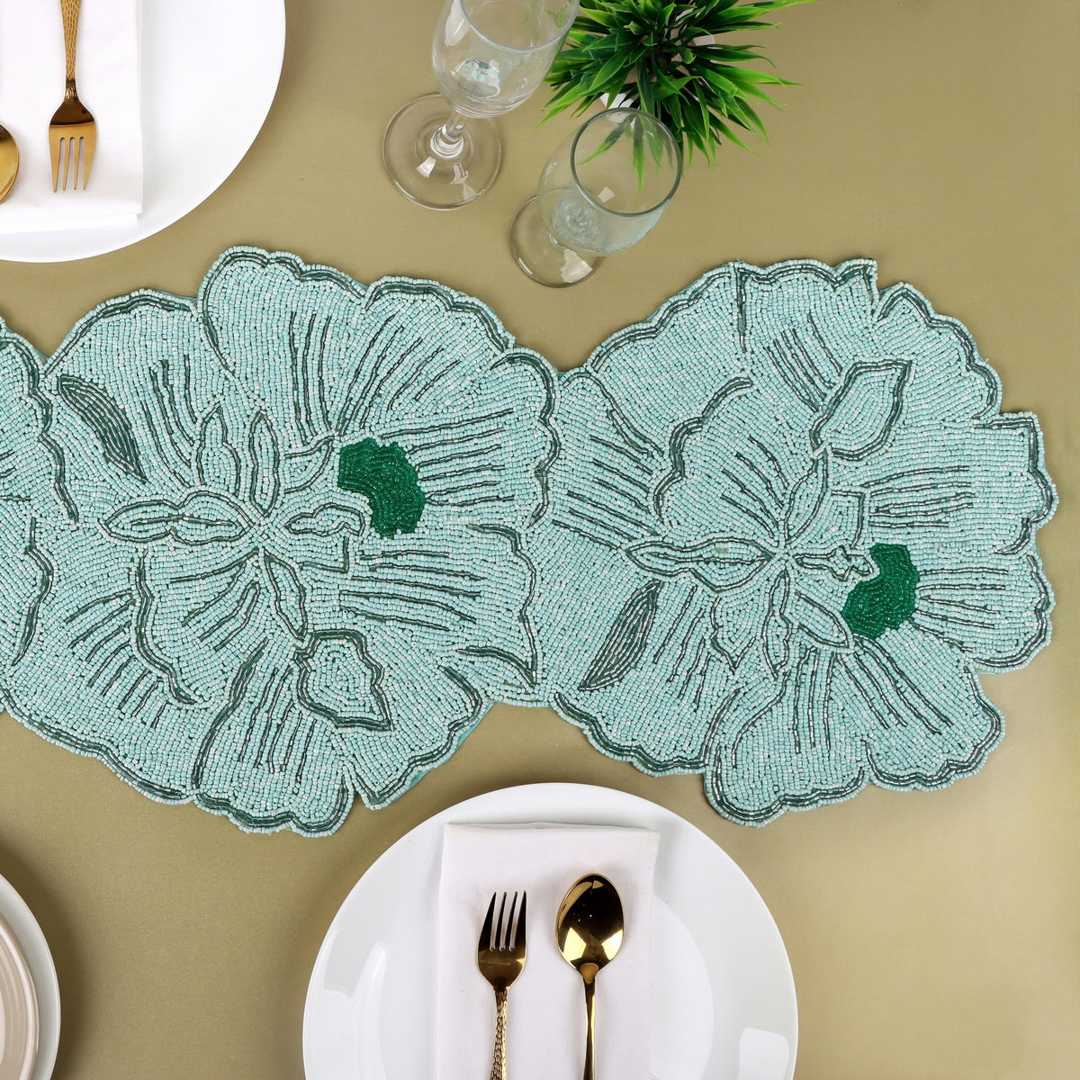 Beaded Table Runner 13x36 Inch, Handmade Decorative Dining Table Centerpiece with Premium Glass Beads & Polyester Back, Elegant Runner for Coffee, Console & Dresser Tables, Light Green