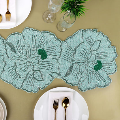 Beaded Table Runner 13x36 Inch, Handmade Decorative Dining Table Centerpiece with Premium Glass Beads & Polyester Back, Elegant Runner for Coffee, Console & Dresser Tables, Light Green