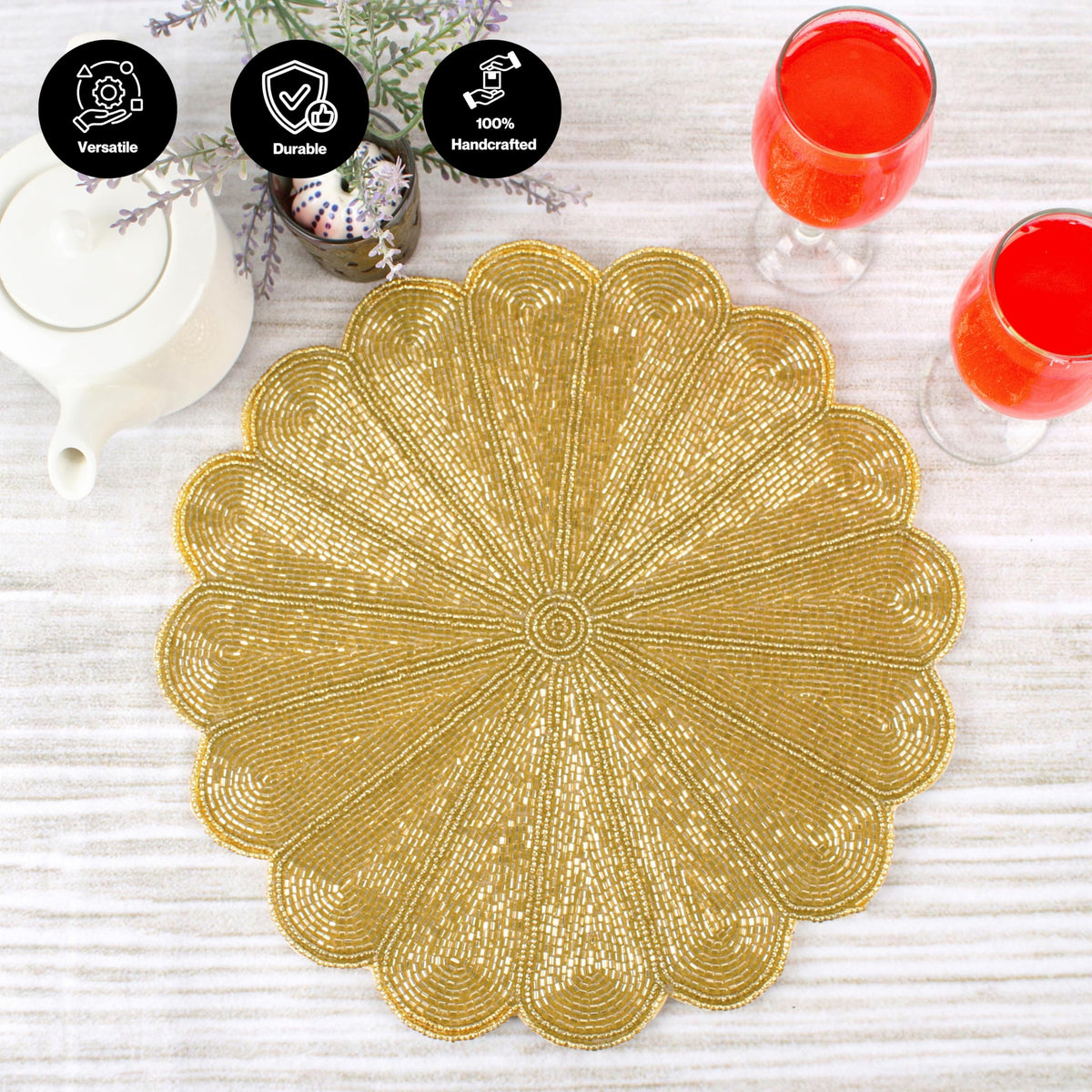 Alpha Living 13-Inch Round Beaded Placemats, Gold, Set of 2