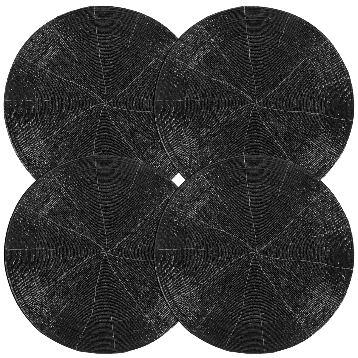 ALPHA Living HOME Round Beaded Placemats – Handmade Glass Bead Charger Table Mats, Set of 4 (Jet Black)