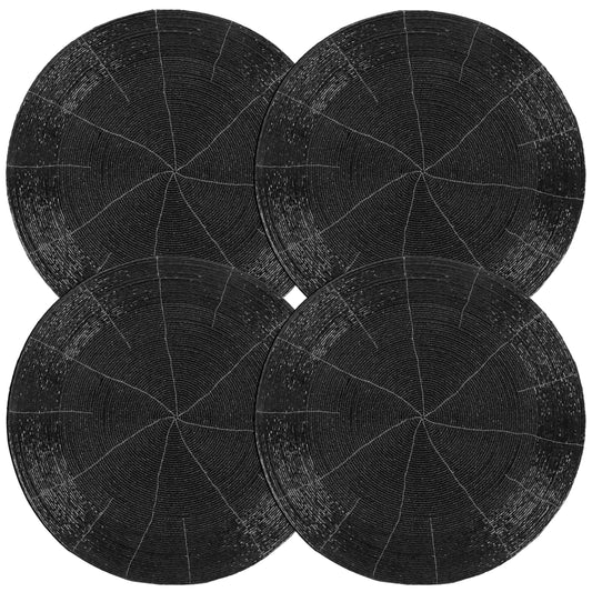 ALPHA Living HOME Round Beaded Placemats – Handmade Glass Bead Charger Table Mats, Set of 4 (Jet Black)