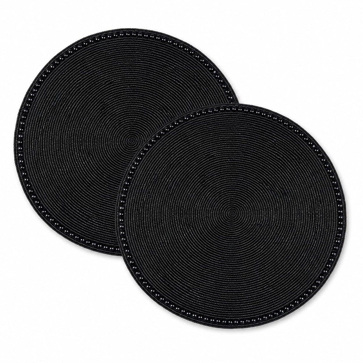 13" Round Glass Beaded Placemats - 2 Pack Table Mats Chargers for Dinner Plates, Plate Chargers Boho Luxurious Elegant Décor for Dining Table, Events & Parties (Black)